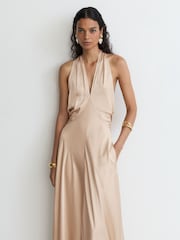 Reiss Champagne Neutral Lilianna Satin Halterneck Empire-Line Maxi Dress - Image 5 of 9