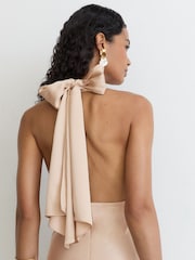 Reiss Champagne Neutral Lilianna Satin Halterneck Empire-Line Maxi Dress - Image 7 of 9