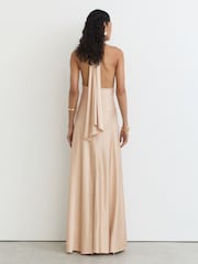 Reiss Champagne Neutral Lilianna Satin Halterneck Empire-Line Maxi Dress - Image 8 of 9