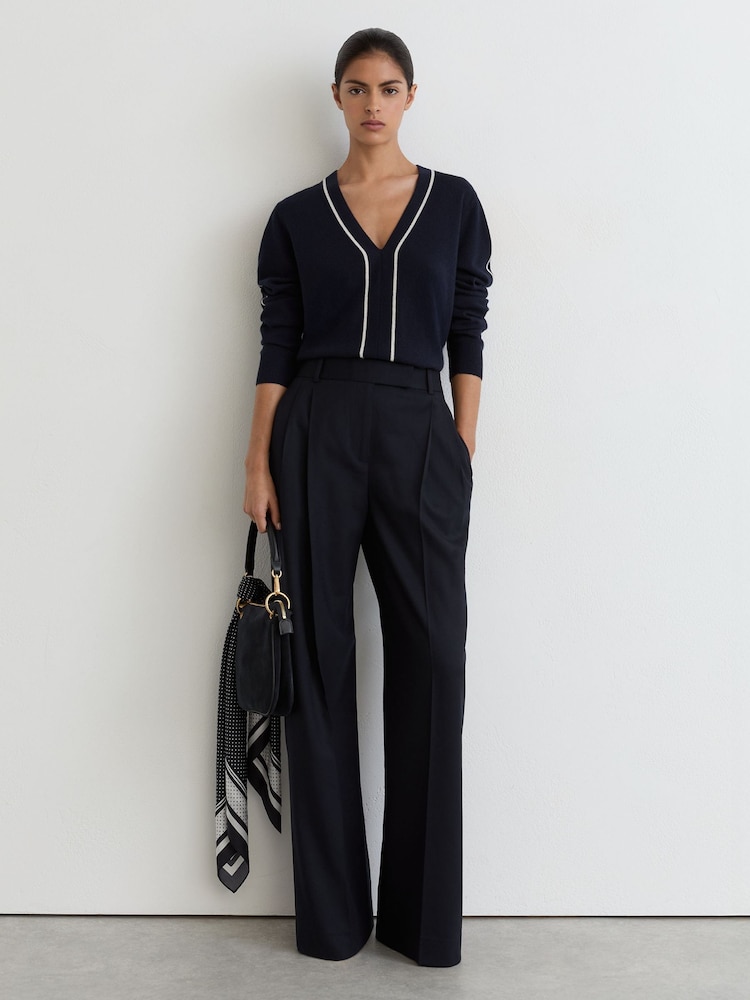 Reiss Navy/Ivory Mila Wool-Blend V-Neck Stripe-Detail Jumper with Cashmere - Image 1 of 6 Reiss Navy/Ivory Mila Wool-Blend V-Neck Stripe-Detail Jumper with Cashmere - Image 1 of 6