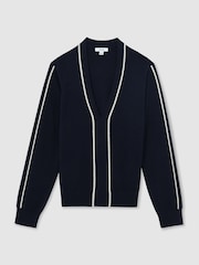 Reiss Navy/Ivory Mila Wool-Blend V-Neck Stripe-Detail Jumper with Cashmere - Image 2 of 6