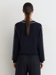 Reiss Navy/Ivory Mila Wool-Blend V-Neck Stripe-Detail Jumper with Cashmere - Image 5 of 6