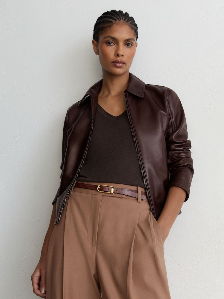 Reiss Chocolate Brown Sorina Petite Leather Zip-Through Moto Jacket - Image 1 of 10 Reiss Chocolate Brown Sorina Petite Leather Zip-Through Moto Jacket - Image 1 of 10