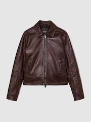 Reiss Chocolate Brown Sorina Petite Leather Zip-Through Moto Jacket - Image 2 of 10