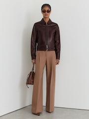 Reiss Chocolate Brown Sorina Petite Leather Zip-Through Moto Jacket - Image 3 of 10
