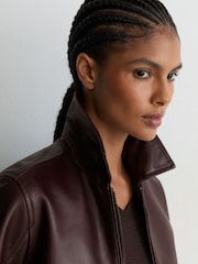 Reiss Chocolate Brown Sorina Petite Leather Zip-Through Moto Jacket - Image 5 of 10