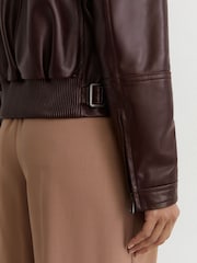 Reiss Chocolate Brown Sorina Petite Leather Zip-Through Moto Jacket - Image 6 of 10