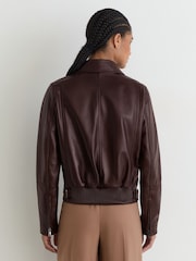 Reiss Chocolate Brown Sorina Petite Leather Zip-Through Moto Jacket - Image 7 of 10