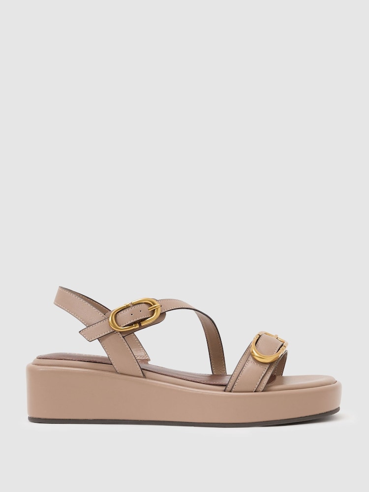 Reiss Taupe Nyla Leather Double Buckle Flatform Sandals - Image 2 of 5