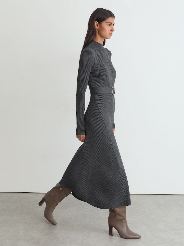 Reiss Grey Ella Rib-Knit Belted Midi Dress - Image 1 of 8