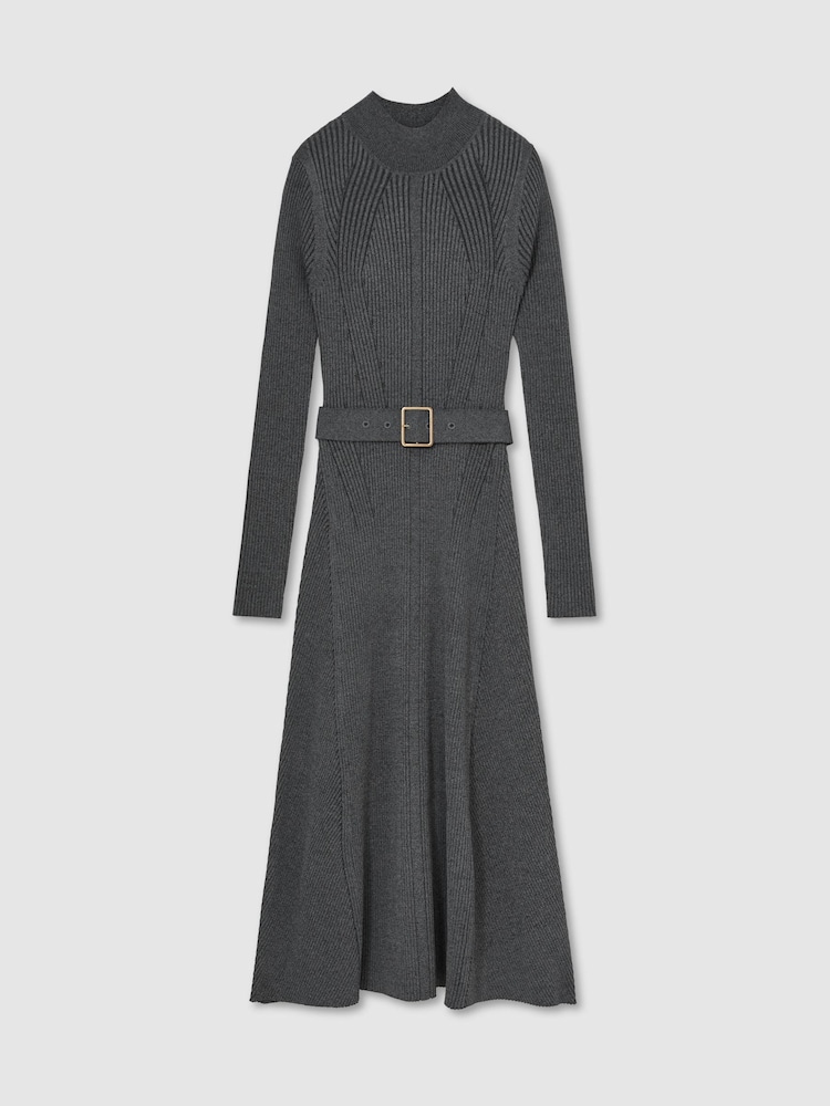 Reiss Grey Ella Rib-Knit Belted Midi Dress - Image 2 of 8