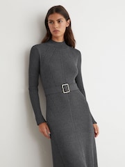 Reiss Grey Ella Rib-Knit Belted Midi Dress - Image 3 of 8
