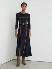 Reiss Navy/Camel Etta Petite Colour-Block Knitted Midi Dress - Image 1 of 9