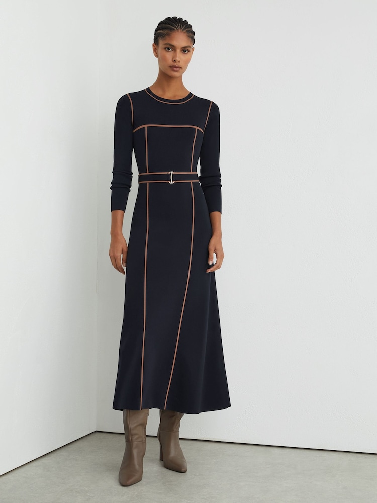 Reiss Navy/Camel Etta Petite Colour-Block Knitted Midi Dress - Image 1 of 9 Reiss Navy/Camel Etta Petite Colour-Block Knitted Midi Dress - Image 1 of 9