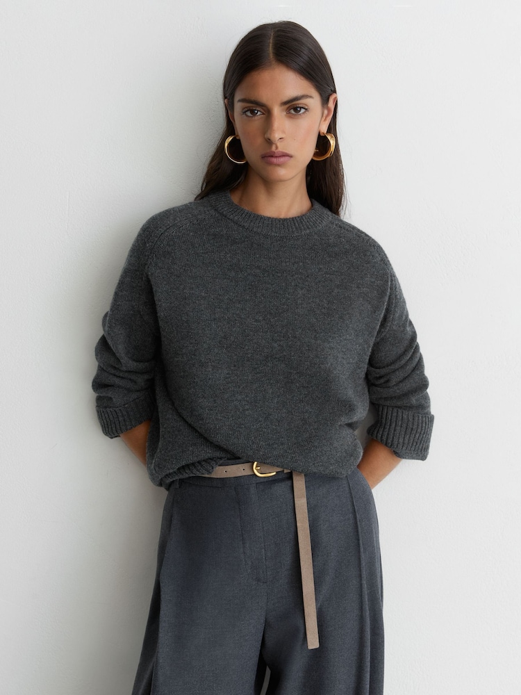 Reiss Charcoal Grey Riley Wool-Cashmere Crew-Neck Raglan Jumper - Image 1 of 7