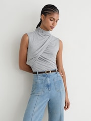 Reiss Grey Marl Wanda Ruched High-Neck Top - Image 1 of 6