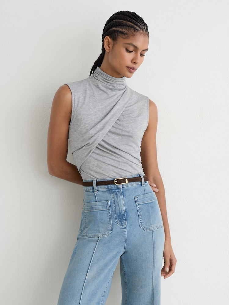 Reiss Grey Marl Wanda Ruched High-Neck Top - Image 1 of 6 Reiss Grey Marl Wanda Ruched High-Neck Top - Image 1 of 6