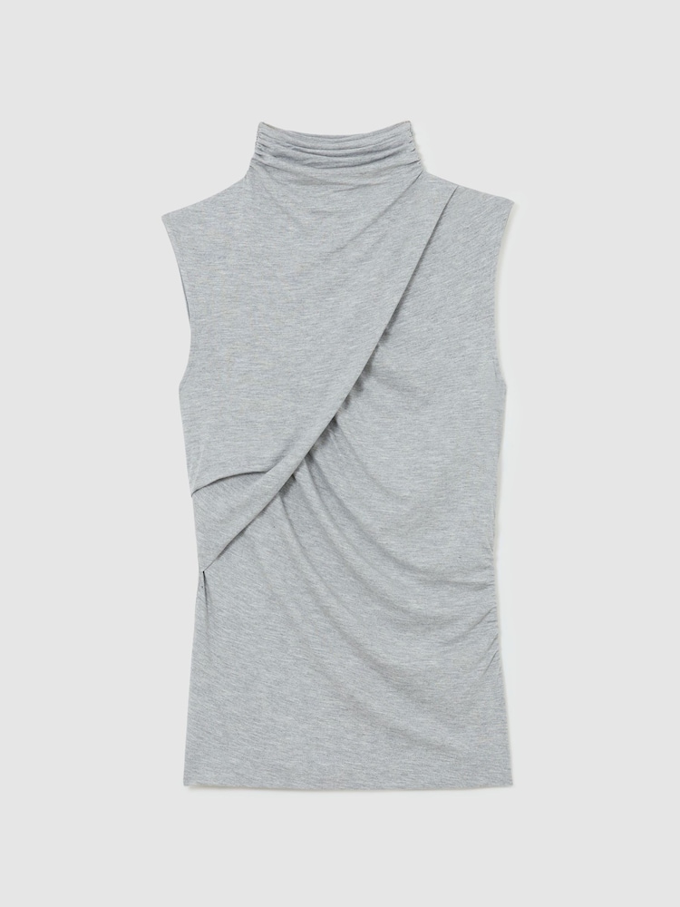 Reiss Grey Marl Wanda Ruched High-Neck Top - Image 2 of 6 Reiss Grey Marl Wanda Ruched High-Neck Top - Image 2 of 6