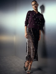 Chocolate Brown Velvet Lace Trim Midi Skirt - Image 1 of 8