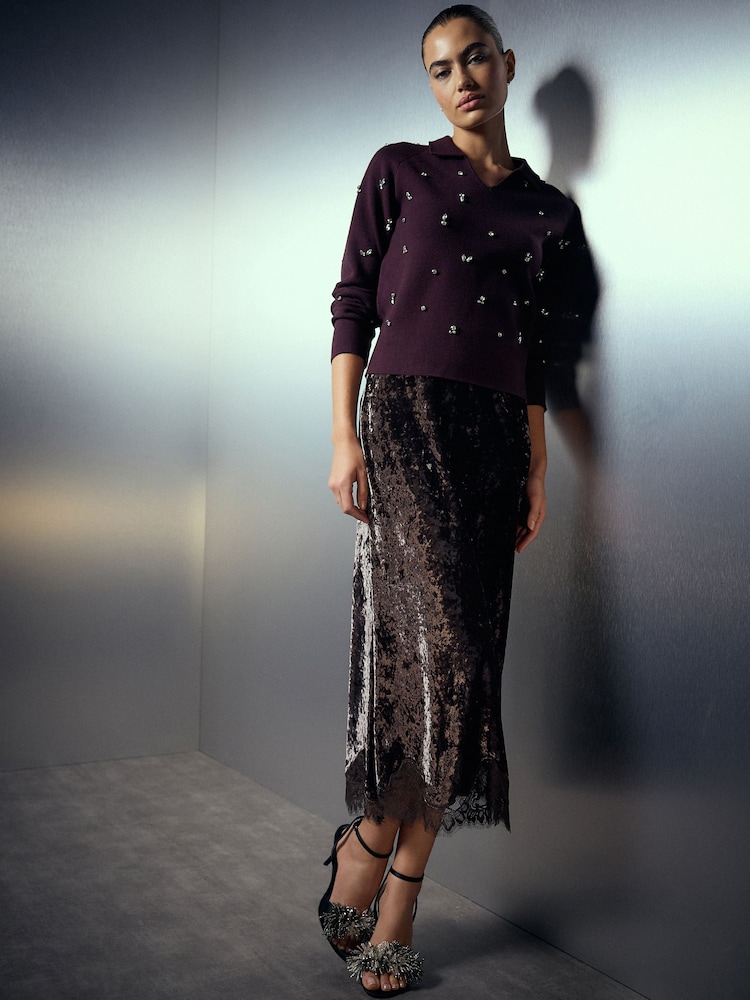 Chocolate Brown Velvet Lace Trim Midi Skirt - Image 1 of 8