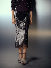 Chocolate Brown Velvet Lace Trim Midi Skirt - Image 2 of 8