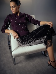 Chocolate Brown Velvet Lace Trim Midi Skirt - Image 3 of 8