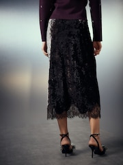 Chocolate Brown Velvet Lace Trim Midi Skirt - Image 4 of 8