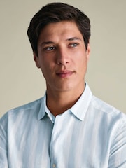 Синий - Charles Tyrwhitt Shorts Sleeve Printed Cotton Linen Shirt - Изображение 2 4