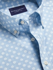 Charles Tyrwhitt Blue Shorts Sleeve Printed Stretch Washed Poplin Shirt - Image 3 of 4