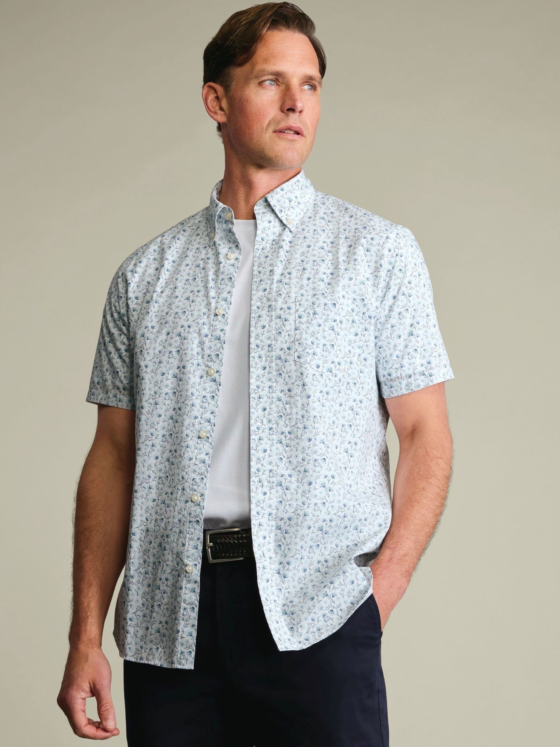 Buy Charles Tyrwhitt White Shorts Sleeve Printed Stretch Washed