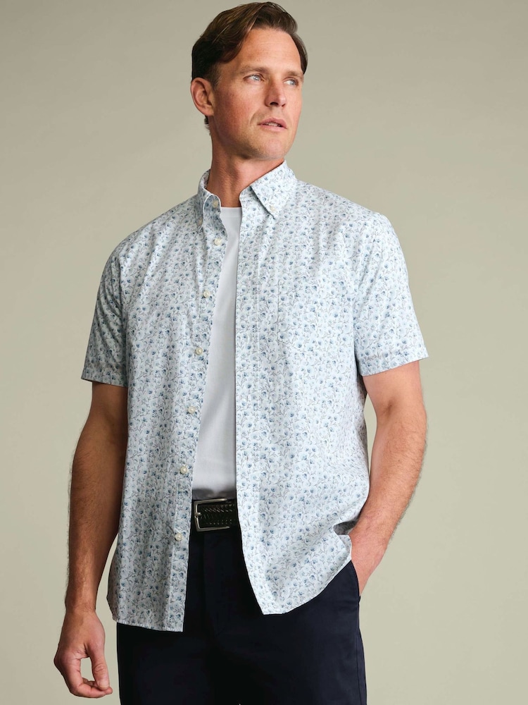 Charles Tyrwhitt White Shorts Sleeve Printed Stretch Washed Poplin Shirt - Image 1 of 4