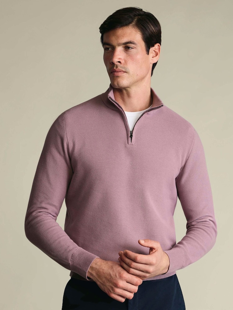 ורוד - Charles Tyrwhitt סוודר כותנה במרקם כוורת עם רוכסן בצווארון - תמונה 1 מתוך 6