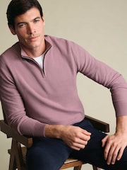 ורוד - Charles Tyrwhitt סוודר כותנה במרקם כוורת עם רוכסן בצווארון - תמונה 3 מתוך 6