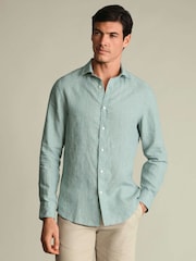Charles Tyrwhitt Teal Plain Pure Linen Shorts Sleeve Shirt - Image 1 of 4