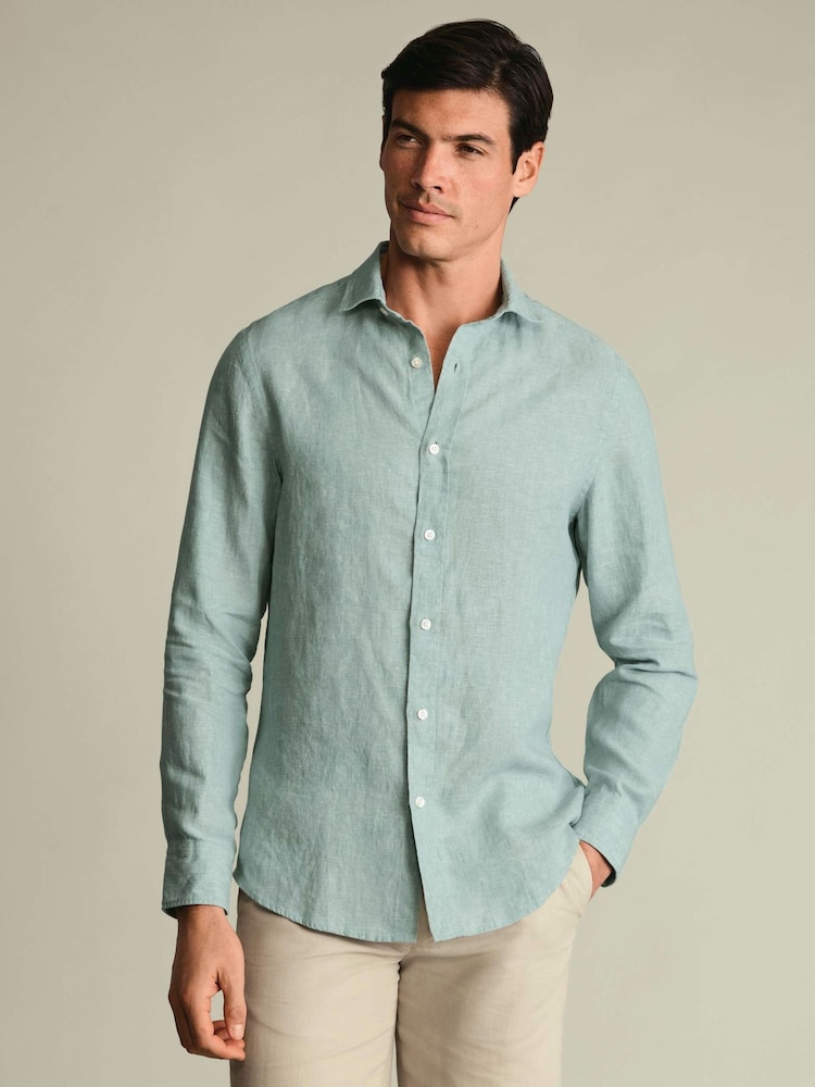 Charles Tyrwhitt Teal Plain Pure Linen Shorts Sleeve Shirt - Image 1 of 4
