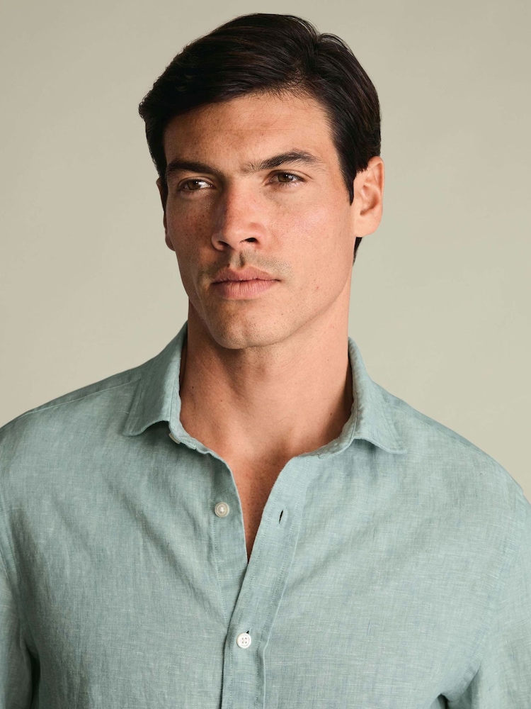 Charles Tyrwhitt Teal Plain Pure Linen Shorts Sleeve Shirt - Image 2 of 4