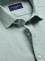 Charles Tyrwhitt Teal Plain Pure Linen Shorts Sleeve Shirt - Image 3 of 4