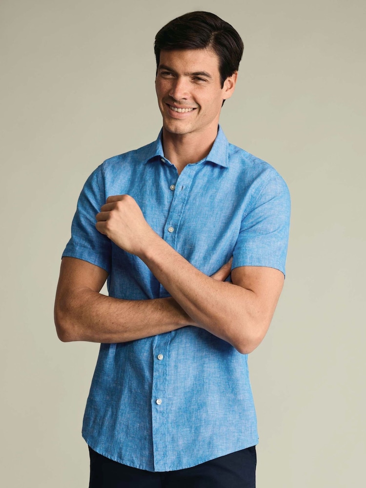 Charles Tyrwhitt Ocean Blue Plain Pure Linen Shorts Sleeve Shirt - Image 1 of 4