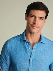 Charles Tyrwhitt Ocean Blue Plain Pure Linen Shorts Sleeve Shirt - Image 2 of 4