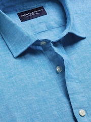 Charles Tyrwhitt Ocean Blue Plain Pure Linen Shorts Sleeve Shirt - Image 3 of 4