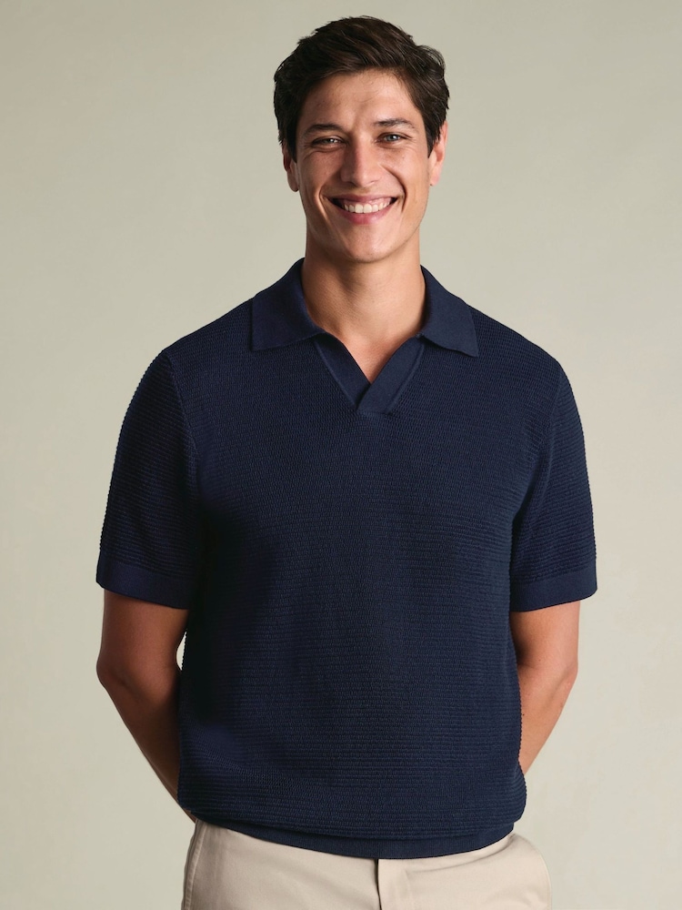 Charles Tyrwhitt Blue Cotton Trophy Neck Knit Polo Shirt - Image 1 of 5