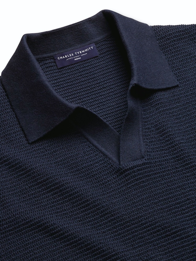 Charles Tyrwhitt Blue Cotton Trophy Neck Knit Polo Shirt - Image 5 of 5