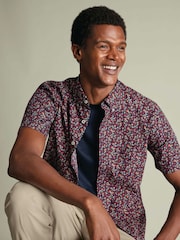 Charles Tyrwhitt Red Shorts Sleeve Printed Stretch Washed Poplin Shirt - Image 1 of 6