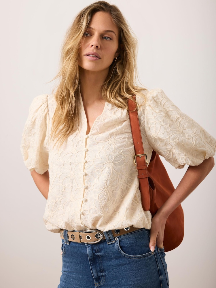 Mint Velvet White Cotton Textured Floral Top - Image 1 of 7