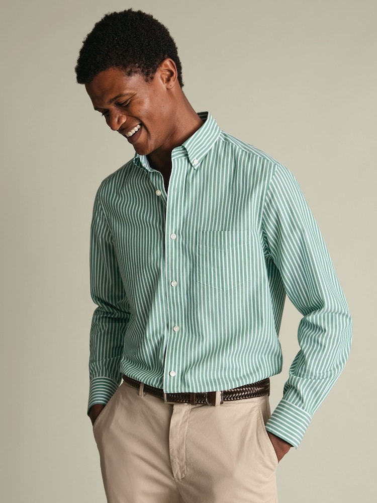 Charles Tyrwhitt Green Stripe Stretch Washed Poplin Shirt - Image 1 of 6