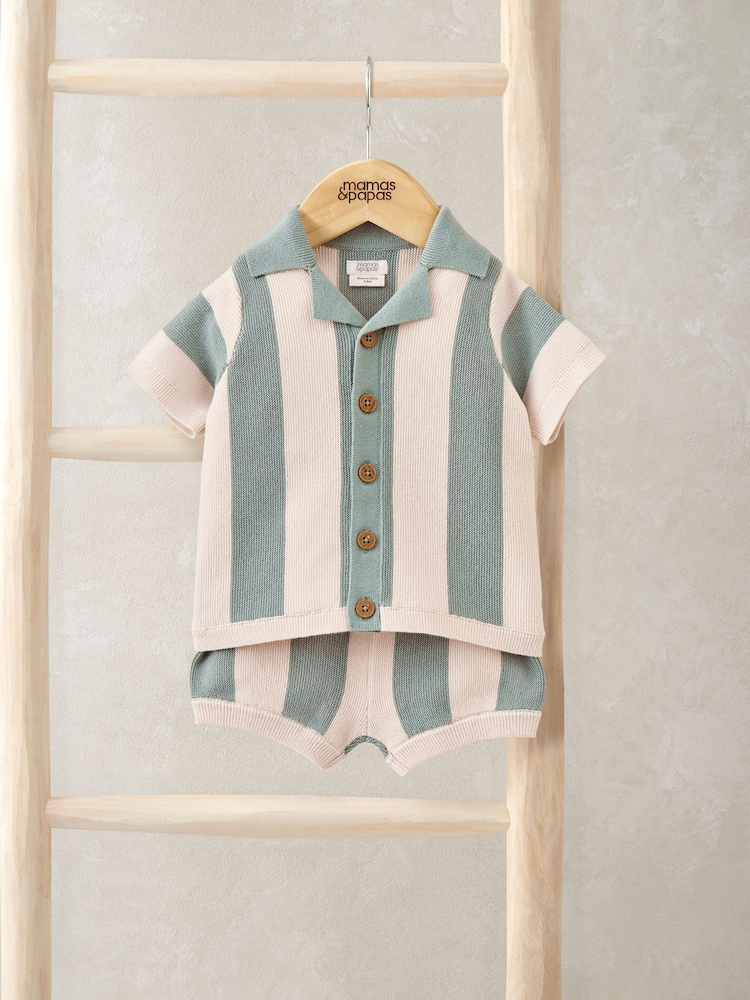 Mamas & Papas Stripe Knitted Short Sleeve Top And Shorts Set - Bild 1 von 4