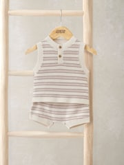 Mamas & Papas Brown Stripe Knitted Sleeveless Top And Shorts Set - Image 1 of 3