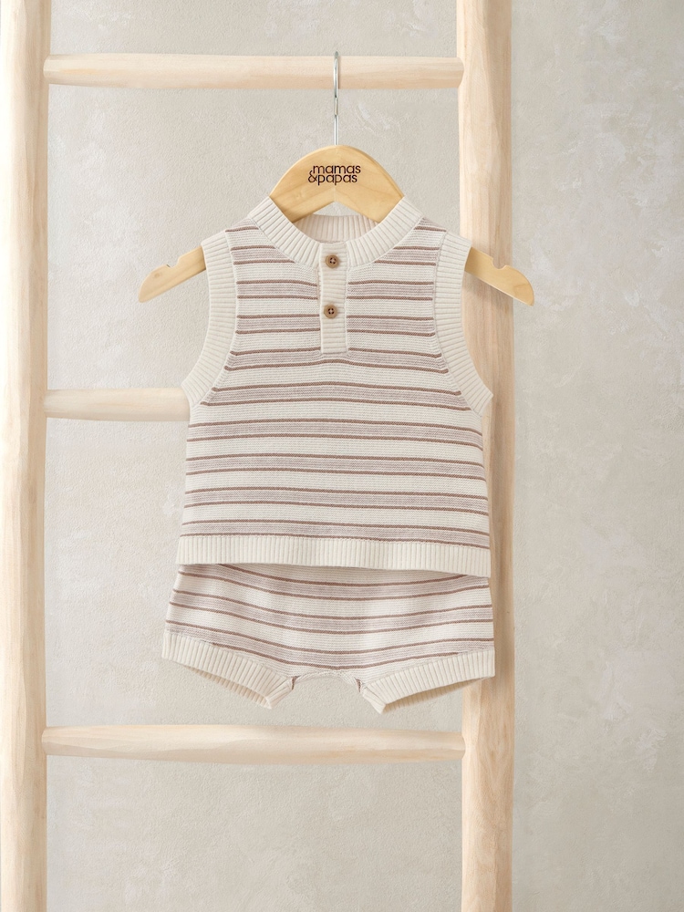 Mamas & Papas Brown Stripe Knitted Sleeveless Top And Shorts Set - Image 1 of 3