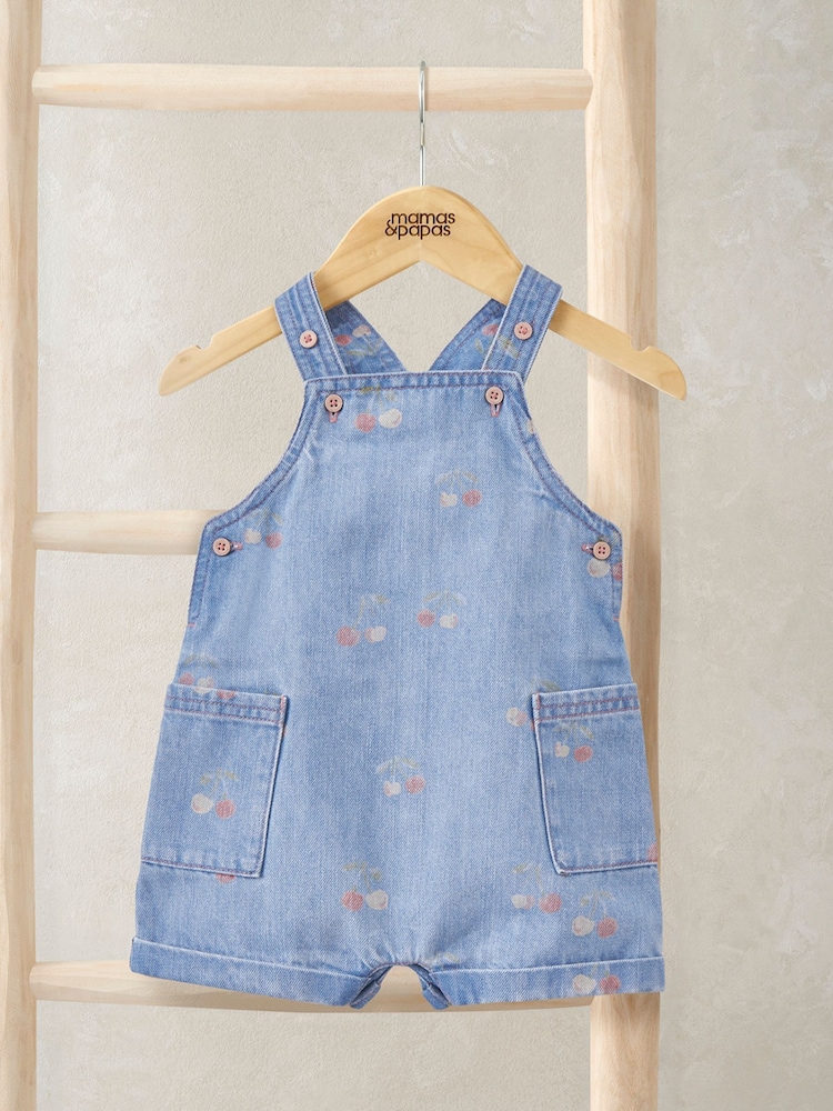 Mamas & Papas Blue Cherry Print Denim Dungarees - Image 1 of 2 Mamas & Papas Blue Cherry Print Denim Dungarees - Image 1 of 2