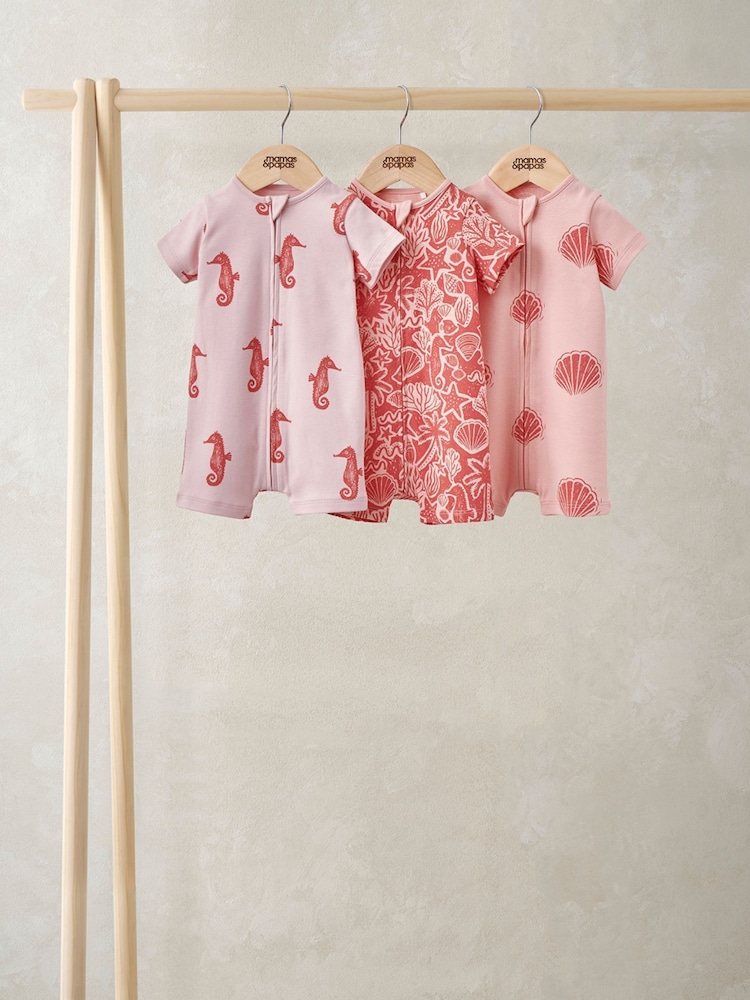 Mamas & Papas Pink Seahorse Rompers 3 Pack - Image 1 of 2